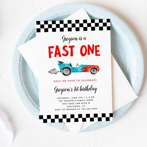 FAST ONE Race Car Boy 1st Birthday Party Invitation Cute race car theme kid's 1st birthday party invitation card featuring illustration of a blue vintage car with flames. The text says "XX is a FAST ONE." Two Fast Two Furious, Growing Up Two Fast, Boy 2nd Birthday, Two Fast Birthday, Birthday Party For Boys, 2nd Birthday Party For Boys, Car Birthday Party, Boys 1st Birthday Party Ideas, Race Car Birthday Party