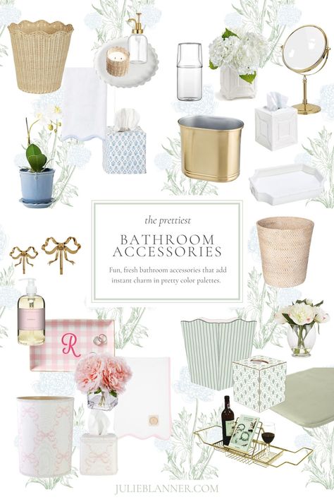 Bathroom Accessories | Julie Blanner Bathroom Counter Accessories, Bathroom Must Haves, Rattan Bathroom Accessories, Bathroom Counter Decor Ideas, French Country Decorating Bathroom, Bathroom Vanity Accessories, Small White Bathrooms, Bathroom Waste Basket, Brass Bathroom Accessories