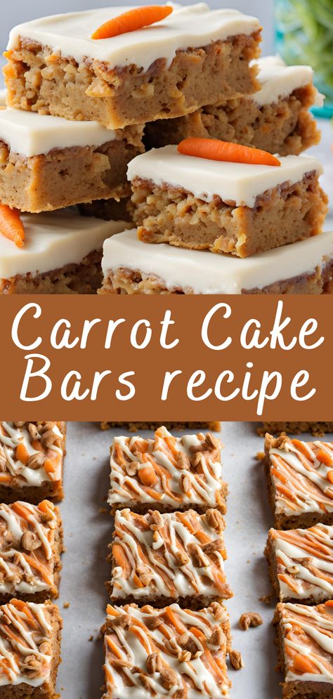 Carrot Cake Bars are a delicious and convenient take on the classic carrot cake. These bars are packed with carrots, warm spices, and topped with a luscious cream cheese frosting. Perfect for any occasion, these bars are sure to be a hit with family and friends. Cheesecake Carrot Cake, Easter Dessert Bars, Carrot Cake Bars Recipe, Cake Bars Recipe, Carrot Cake Bars, Sweets Ideas, Homemade Carrot Cake, Easy Dessert Recipes Quick, Lemon Bar