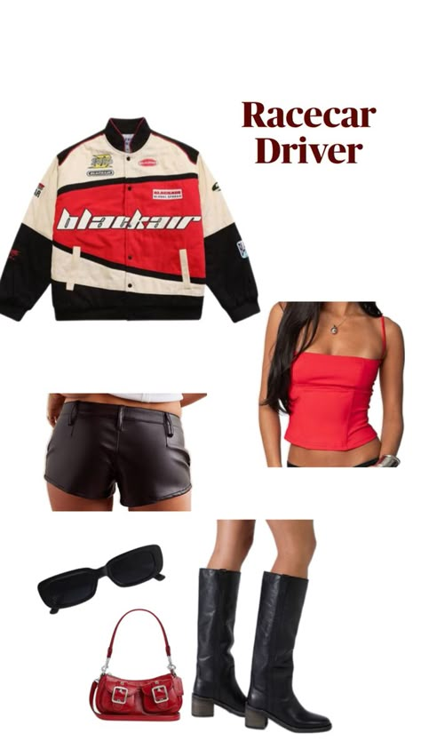 Race car driver halloween costume ideas Motorcycle Halloween Costumes, Diy Race Car Driver Costume Women, Biker Costume Women, Race Driver Costume, Race Car Driver Costume Women, Nascar Race Day Outfits, Race Car Driver Outfit, Nascar Outfit For Women, Racer Girl Costume