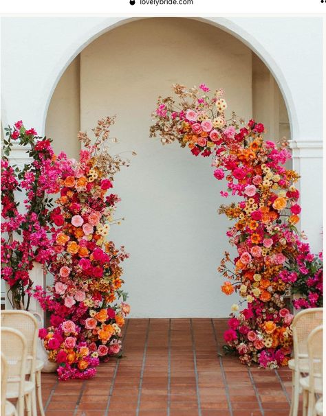 Pink And Orange Wedding Palette, Flower Canopy Wedding, Pink Orange White Wedding Flowers, Wedding Ceremony Alter Flowers, Bright Flower Wedding Decor, Rooftop Wedding Reception Decor, Colourful Flower Arch Wedding, Spring Wedding Reception Tables, Colorful Flower Arch Wedding