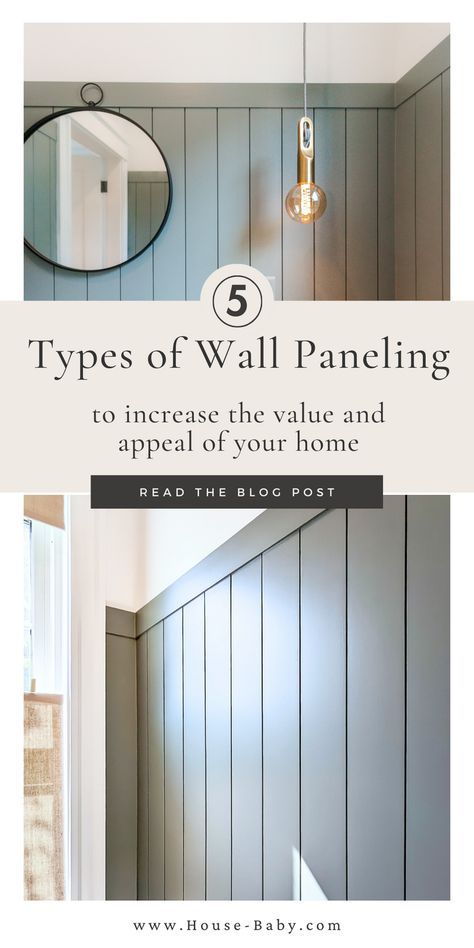 Top 5 Types of Wall Paneling in Interior Design to increase the appeal and value of your space including board and batten wall in a bedroom, board and batten picture rail, board and batten in a living room, simple modern vertical shiplap painted dark in a powder room, wainscoting in modern living spaces, modern beadboard. #ModernWallPaneling #WallPanelTrends #InteriorDesign2023 Decorating Above Board And Batten Walls, Half Horizontal Shiplap Wall, Modern Board And Batten Half Wall, Board And Batten Wall With Chair Rail, Vertical Shiplap Board And Batten, Board And Batten Wall Primary Bedroom, Shiplap Wall With Crown Molding, High Chair Rail Bathroom, Shiplap Beadboard Walls