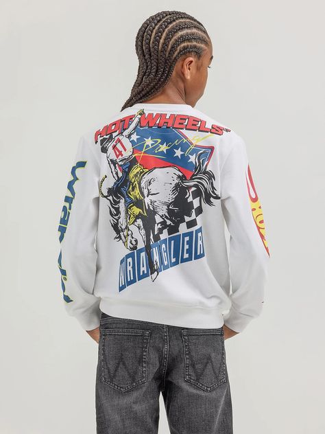 Wrangler® x Hot Wheels™ Boy's Crewneck Rodeo Pullover Bronc Rider, Riding Jeans, Jeans Store, Retro Jeans, Mens Workwear, Sherpa Jacket, Workout Sweatshirt, Line Jackets, Mens Denim