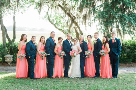 Navy and Coral Charleston Wedding at Creek Club at I'On — A Lowcountry Wedding Blog & Magazine - Charleston, Savannah, Hilton Head, Myrtle Beach Bridesmaid Dresses Navy Blue, Bridesmaid Dresses Navy, September Wedding Colors, Coral Wedding Colors, Dresses Navy Blue, Navy And Coral, Wedding Color Palettes, Coral Bridesmaid, White Bridal Gown