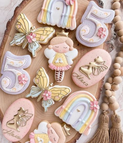 Fairy Birthday Themes, Ballerina Cookies, 5th Birthday Girls, Cookies Theme, Golden Birthday, Cookies For Kids, Creative Cookies, Fairy Birthday, Cookie Art