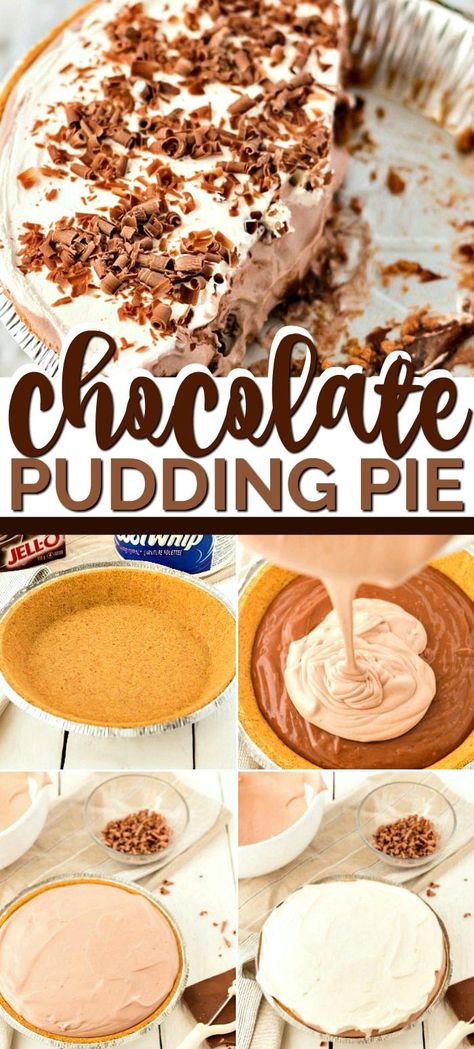 When it comes to no-bake desserts, chocolate pudding pie is the best! This famous pudding pie is made from scratch with just 4 ingredients: pudding and milk, whipped cream, and a graham cracker crust, with a Hershey’s chocolate garnish. Combined, these four simple ingredients make an amazing creamy, chocolate pie that is the perfect ending to any meal. Chocolate Cream Pie With Graham Cracker Crust, Chocolate Cream Pie With Pudding Jello, Pudding And Whipped Cream Desserts, Cook And Serve Chocolate Pudding Pie, Pudding Pie Recipes Jello, Cool Whip Instant Pudding Dessert, Desserts With Chocolate Pudding, Recipes With Chocolate Pudding, Chocolate Pudding Pie Easy Jello