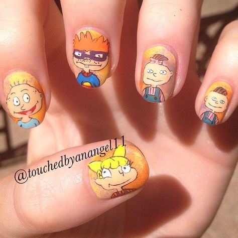 "Rugrats nails!! Phil and lil didn't turn out as I hoped no matter how hard I tried :p #rugrats #childhood #90s #90scartoons #tommy #chuckie #phil #lil #angelica #nails #nailart" Photo taken by @touchedbyanangel11 on Instagram, pinned via the InstaPin iOS App! http://www.instapinapp.com (08/15/2014) Hey Arnold Nails, Rugrats Nails, Anime Inspired Nails, Power Nails, Cartoon Nail Art, Nail Artwork, Hand Painted Nail Art, Rocket Power, Hey Arnold