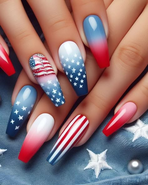 4th Of July Cat Eye Nails, Ombre 4th Of July Nails, 4th Of July Nail Art Designs, Red White And Blue Ombre Nails, Fourth Of July Acrylic Nails, Independence Nails, Fourth Nails, 4 Of July Nails, 4th July Nails