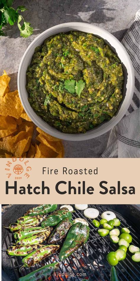 Fire Roasted Hatch Green Chile Salsa Recipe  - Vindulge Hatch Chili Salsa, Green Chile Salsa Recipe, Chile Salsa Recipe, Chili's Salsa Recipe, Green Chile Salsa, Hatch Green Chili Recipe, Green Chili Salsa, Hatch Peppers, Hatch Chile Recipes