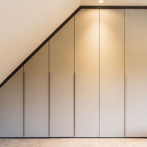 Sloped Ceiling Wardrobe, Under Stairs Wardrobe, Slanted Ceiling Closet, Stairs Cabinet, Villa Stairs, Bespoke Wardrobes, Closet Under Stairs, Hinged Wardrobe, Evergreen House