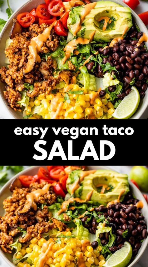 This Vegan Taco Salad features walnut taco meat served over a bowl of romaine with black beans, corn, tomatoes, avocado, and chipotle aioli sauce. It’s a healthy and filling dinner that’s perfect for Meatless Mondays! Avocado Taco Bowl, Vegan Keto Tacos, Veggie Taco Bowl, Vegan Taco Ideas, Taco Salad Dressing Vegan, Plant Based Taco Salad, Taco Bowls Vegetarian, Vegan Taco Bowl Recipes, Taco Salad No Meat