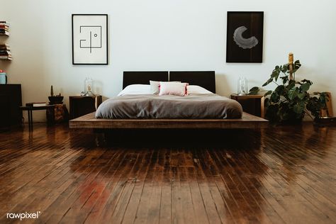 Industrial bedroom with dark wooden floors | premium image by rawpixel.com / McKinsey Dark Wooden Floors, Cozy Minimal Bedroom, Pink Sofa Bed, Bedroom Wooden Floor, Floor Bedroom Ideas, Dark Wooden Floor, Loft Style Apartments, Wooden Bedroom Furniture, Minimal Bedroom