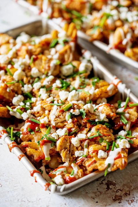 Buffalo Chicken Fries Buffalo Chicken Fries Recipes, French Fry Nachos, Fry Nachos, Nachos Loaded, Buffalo Chicken Fries, Buffalo Fries, Dirty Fries, Grilled Buffalo Chicken, Chicken Fries