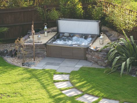 Hot Tub Landscaping On A Budget | Garden Landscaping Ideas 2023 Jacuzzi Landscaping Ideas, Patio Design With Hot Tub, Lazy Spa Garden Ideas, Hot Tub Deck Design, Sunken Hot Tub, Hot Tub Landscaping, Hot Tub Surround, Garden Landscaping Ideas, Landscaping On A Budget