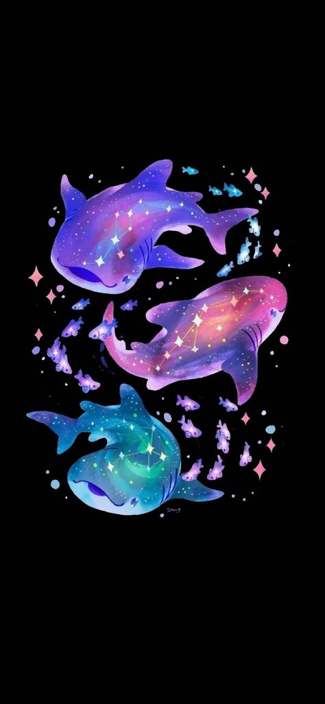 Cute Sea Animal Wallpaper, Whale Shark Phone Wallpaper, Galaxy Animal Art, Sea Creature Wallpaper Iphone, Space Animals Art, Kawaii Ocean Wallpaper, Cute Shark Aesthetic, Space Whale Art, Ocean Creatures Aesthetic