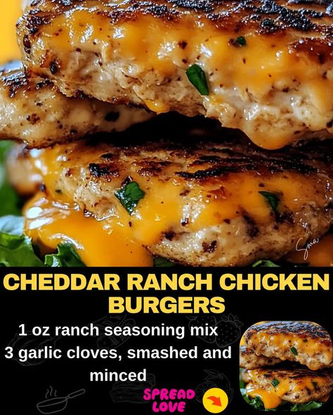 Cheddar Ranch Chicken Burgers White Cheddar And Spinach Chicken Burger, Cheddar Ranch Chicken Burgers, Chicken Ranch Burgers, Spinach Burgers, Baked Meatloaf, Ground Chicken Burgers, Mexican Casserole Recipe, Chicken Parmesan Pasta, Chicken Pasta Bake