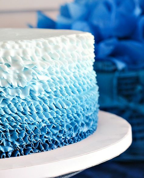 Shades of blue layered wedding cake Blue Desserts Recipes, Baby Boy Birthday Cake, Dessert Table Birthday, Blue Desserts, Ombre Cake, Olive Oil Cake, Ruffle Cake, Birthday Desserts, Blue Cakes