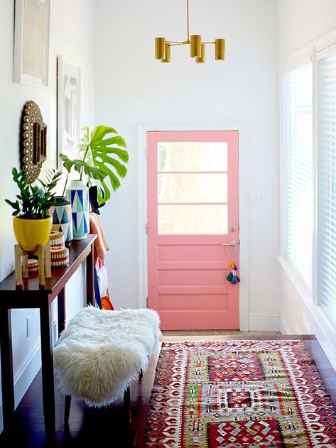 The Most Iconic Home Trends of the 2010s Front Entry Decor, Eclectic Entryway, Front Entrance Decor, Entry Decor, Front Entryway, Pink Door, Foyer Decorating, Foyer Design, Small Entryway