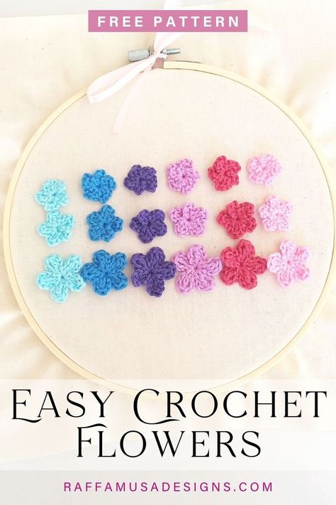 Easy crochet flower appliques in 3 sizes made in different colors Small Crochet Flowers Free Pattern, Football Crochet, Crochet Small Flower, Applique Patterns Free, Crochet Applique Patterns, Crochet Flower Pattern, Easy Flowers, Crochet Applique Patterns Free, Crochet Flowers Easy