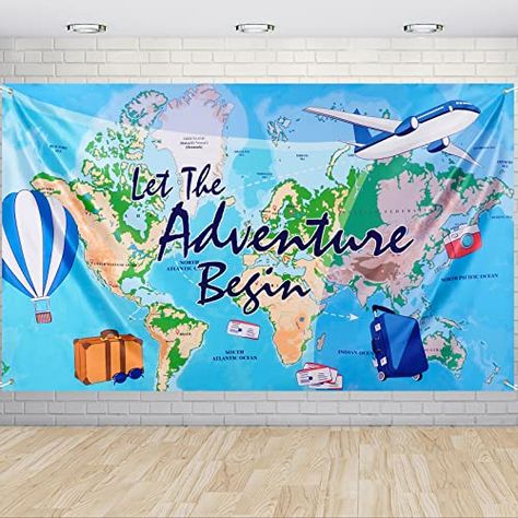 Adventure Time Banner, Multicultural Night, Bon Voyage Party, Travel Party Theme, Adventure Party, Birthday Party Backdrop, World Map Design, 85th Birthday, Adventure Trip