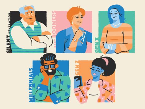 Generations Today by Erikas for Siege Media on Dribbble Generation Illustration, Working Genius, Generations In The Workplace, E Magazine, Illustrator Artist, Illustration Style, Drawing Stuff, Illustration Character, Shrink Plastic