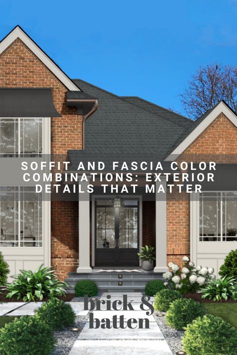 Black Roof With Brick House, Painted Soffit Exterior, Fascia And Soffit Colors, Dark Fascia And Soffit, Facia And Soffit Ideas, Painting Soffit And Fascia, Siding And Red Brick Exterior, Soffit Colors Exterior, Fascia And Soffit Ideas