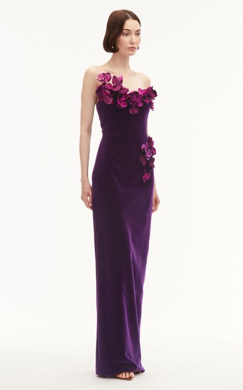 Orchid Embroidery, Tactile Design, Skirt Shapewear, Strapless Evening Gowns, Velvet Gown, Embroidered Velvet, Column Dress, Formal Style, Gorgeous Gowns