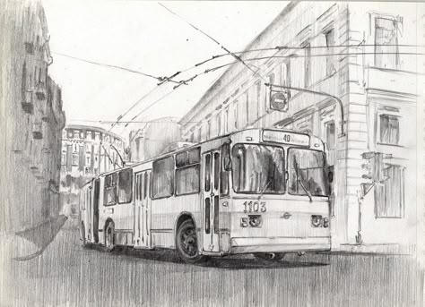 Bus In Perspective, Bus Sketch, One Perspective Drawing, Drawing Vehicles, Toronto Tattoo, Bus Art, Pen Art Drawings, Perspective Art, Architecture Painting