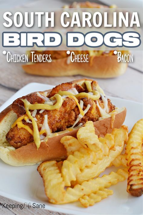 I bet you've never heard of a South Carolina bird dog. Your family is going to love this meal with chicken tenders, bacon and cheese so make sure to add it to your menu. Bird Dog Recipe, Meal With Chicken, South Carolina Food, Hot Dog Chili Sauce, Breaded Chicken Tenders, Bacon And Cheese, Chicken For Dogs, Bird Dog, Hot Dog Recipes