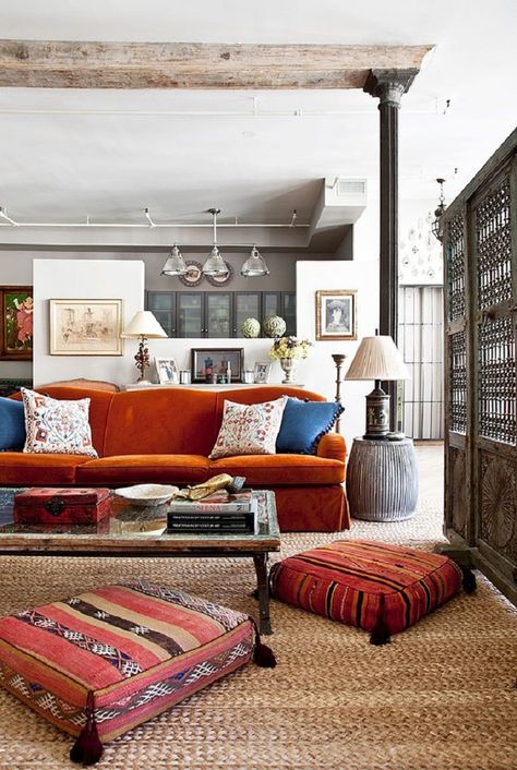 deborahfrench3 Eclectic Loft, Living Room New York, Bright Furniture, Orange Sofa, Moroccan Interiors, Eclectic Living Room, Design Del Prodotto, Design Living Room, A Living Room