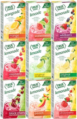 True Lemon STRAWBERRY, WILDBERRY, LIMEADE, WATERMELON, BLACK CHERRY, MANGO ORANGE, PEACH, LEMONADE, RASPBERRY 10ct each box. Citrus Sample Kit, 1.06 Ounce (Pack of 9) Purse Necessities, True Lemon, Homemade Lemonade Recipes, Peach Lemonade, Homemade Lemonade, Lemonade Recipes, Wild Berry, Black Cherry, Lemonade