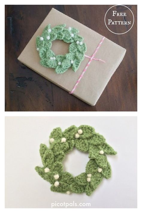 Wreath Gift Topper Free Crochet Pattern Mini Christmas Wreath, Christmas Crochet Patterns Free, Crochet Wreath, Crochet Tree, Crochet Christmas Gifts, Crochet Xmas, Yarn Craft, Crochet Christmas Decorations, Gift Toppers