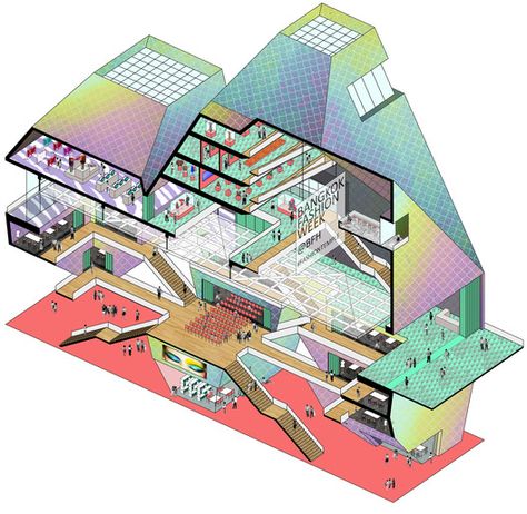 3 Winners Announced for Bangkok Fashion Hub Competition,2nd Prize: Jun Hao Ong and Raphael Cheng. Axonometric section. Image Courtesy of HMMD Bangkok Fashion, Architectural Representation, Section Drawing, Isometric Drawing, Interior Design Presentation, Architecture Design Drawing, Architecture Graphics, Architectural Section, Layout Architecture