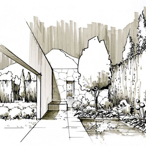 Landscape Architecture Perspective Drawing, Architectural Landscape Drawing, Architecture Drawing Landscape, Landscape Design Drawings Sketches, Landscape Plan Sketch, Landscape Architecture Design Sketch, Landscape Architecture Sketch, Landscape Design Sketch, Croquis Architecture