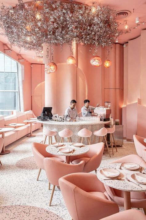 Is Peach the New Millennial Pink? - SampleBoard Decoration Shabby, Millennial Pink, Coffee Shop Design, Cafe Interior Design, Pink Interior, Restaurant Interior Design, Hospitality Design, Design Living Room, Restaurant Interior