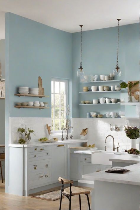 kitchen interior design, wall paint colors, interior paint ideas, kitchen paint colors Color Kitchen Walls, Kitchen With Blue Walls, Kitchen Wall Paint Ideas, Alder Wood Kitchen Cabinets, Kitchen Wall Paint, Kitchen Wall Color, Pine Kitchen Cabinets, House Fever, Osb Wood