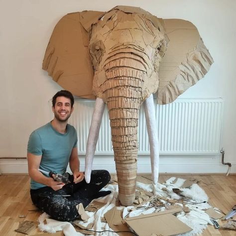 Josh Gluckstein, Cardboard Art Sculpture, Cardboard Animals, Bull Elephant, Paper Mache Animals, Woolly Mammoth, Famous Sculptures, White Rhino, Activity Box