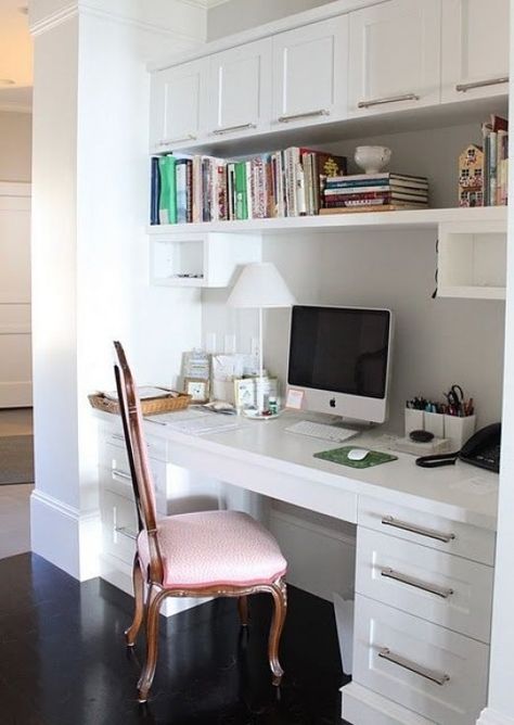 Office Niche - perfect use of space for a small floorplan. Take out a closet and create a usable desk space! All white desk spanning wall to wall with closed storage and and open shelf for all your books. Display artwork and accessories over the top wall storage. Double Desks, Study Nooks, Nook Inspiration, Kitchen Work Station, Kitchen Desks, Small Space Office, Office Nook, Study Nook, Desk Areas