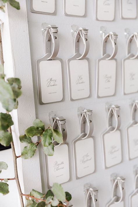 A Botanical Inspired Event for Liz and Andrew - Escort card display, travel tag escort display, unique wedding decor. Wedding photography of outdoor wedding inspiration for brides, tent weddings, mother of the bride, bridesmaids and groomsmen, summer wedding inspiration. Vineyard weddings in Richmond, VA. Glint Events: Wedding and Event Planning in Central Virginia, Charlottesville and Washington DC | Alex Tenser Photography, Upper Shirley Vineyards Luggage Tag Seating Chart, Luggage Tag Place Cards Wedding, Event Ideas, Creative Seating Chart Wedding Golf, Wedding Seating Chart Luggage Tags, Black Champagne Wedding, Luggage Tags Diy, Unique Wedding Decor, Outdoor Wedding Inspiration