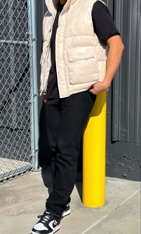 Cream Vest Outfit Men, Cream Vest Outfit, Puffer Vest Outfit Men, Puffy Vest Outfit, Men Vest Outfits, Drip Ideas, Vest Outfits Men, Fashion Cowok, Christmas Carolers