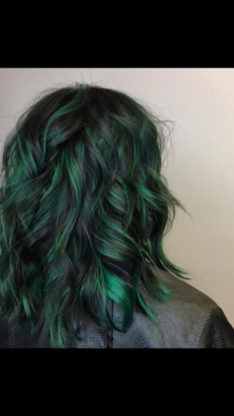 Green Brunette Hair, Green Lowlights In Brown Hair, Black Hair With Emerald Green, Brown And Emerald Green Hair, Black With Dark Green Highlights, Dark Green Highlights In Brown Hair, Black With Green Highlights Hair, Emerald Green And Black Hair, Emerald Green Highlights