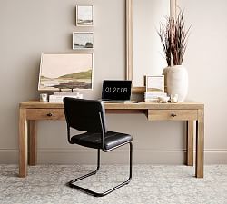 Light Wood Desk, Iron Drawer Pulls, Writing Desk With Drawers, Swivel Chair Desk, Desk Inspo, Office Inspo, Console Desk, Leather Desk, Small Space Solutions