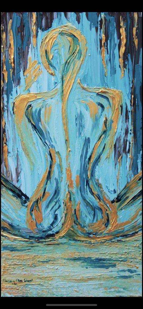 Abstract Silhouette Painting, Yoga Acrylic Painting Ideas, Blue And Gold Abstract Art, Abstract Spiritual Art Paintings, Female Silohettes, Abstract Yoga Art, Spiritual Abstract Art, Metallic Painting Ideas Canvases, Spiritual Paintings Canvases