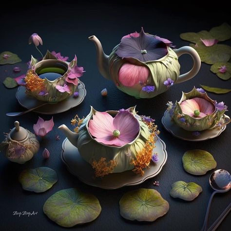 Tea Set of the Fae 1 by Beep Boop Art Fantasy Tea Set, Fairy Teapot, Fantasy Teapot, Witchy Tea Set, Fairy Ceramic Mugs, Artistic Food, Fancy Tea, The Fae, Clay Inspiration