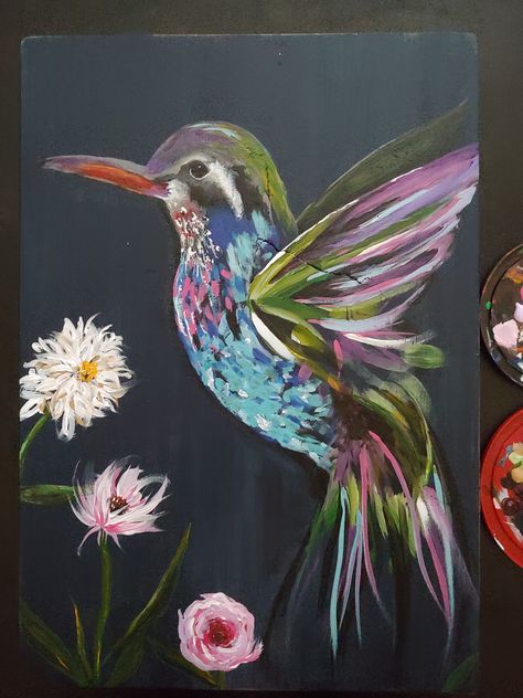 Painting A Hummingbird With Acrylics, Colorful Birds Painting Acrylic, Paintings Of Birds Acrylic, Hummingbird Canvas Painting, Hummingbird Painting Easy, Hummingbird Painting Acrylic Easy, Birds Painting Acrylic Canvases, Acrylic Bird Paintings On Canvas, Birds And Flowers Painting