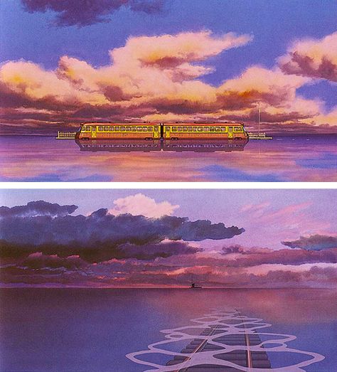 Studio Ghibli train scene from spirited away ☁️ Miyazaki Background, Train Tattoo, Train Scene, Miyazaki Art, Personajes Studio Ghibli, Studio Ghibli Background, Ghibli Artwork, Studio Ghibli Art, Ghibli Art