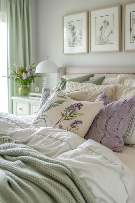 Bedroom With Lavender Accents, Lavender Sage Green Bedroom, Bedroom Inspirations Lavender, Lavender Room Inspiration, Green Bedroom Decoration, Lavender And Sage Decor, Light Purple Room Ideas Lavender, Dorm Room Lavender, Purple And Green Color Scheme Master Bedrooms