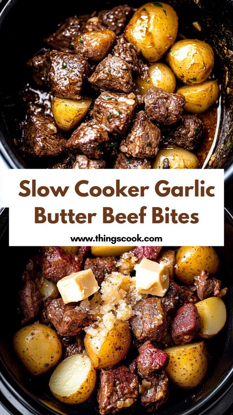 Discover delicious dinner ideas with this Slow Cooker Garlic Butter Beef Bites recipe. This is one of the best dinner ideas for a savory and tender meal. Add it to your collection of favorite dinner ideas today! #DinnerIdeas #GarlicButterBeefBites #SlowCookerRecipes #EasyDinners #SavoryMeals Garlic Butter Beef Bites Slow Cooker, Garlic Butter Chuck Roast Bites, Beef Rib Meal Ideas, Beef And Potatoes Crockpot Recipes, Garlic Butter Stew Meat Crock Pot, Beef Stew Meat In Crockpot, Balsamic Beef Tips, Easy Beef Tips Crockpot, Buttered Beef Tips