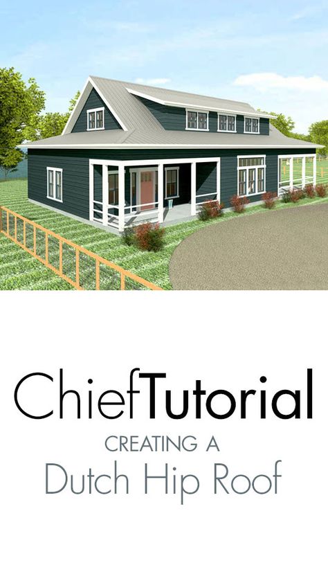 A Dutch hip roof, sometimes called a Dutch gable roof, is a combination of hip and gable roof styles in which a gable is located at the end of the ridge, at the top of a hip roof plane. Creating a Dutch hip roof is easy to do in Chief Architect Home Design Software. Click the link and follow the steps to create your own Dutch Hip Roof. #dutchhiproof #dutchgableroof #roofdesign #roof #chiefarchitect #3drender #3drendering #homedesign #architecture House Additions By Adding Onto A Hip Roof, Dutch Hip Roof Design, Dutch Hip Roof House, Examples Of Dutch Gable Roof Designs, Three Examples Of Dutch Gable Roof Designs, Hip And Gable Roof Combination, Dutch Gable Roof Exterior Design, Chief Architect Tutorials, Roof Lines Design