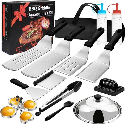 18PCS Flat Top Grill Accessories Set for Blackstone and Camp Chef, Grill BBQ Spatula Set with Enlarged Spatulas, Basting Cover, Scraper, Tongs for Outdoor BBQ Griddle Accessories, Bbq Tray, Chef Grill, Egg Rings, Basting Brush, Flat Top Grill, Griddle Cooking, Camp Chef, Bbq Set